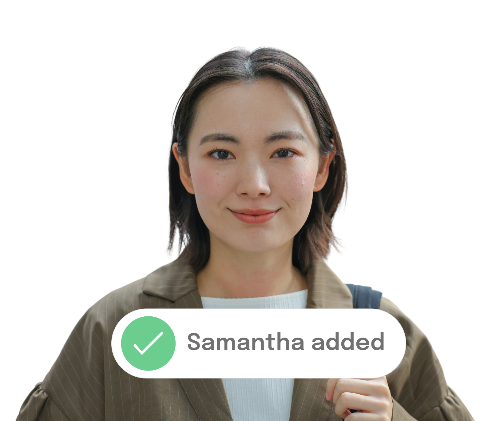 Profile photo of a woman with a confirmation label that says ‘Samantha added,’ indicating successful addition of an employee.