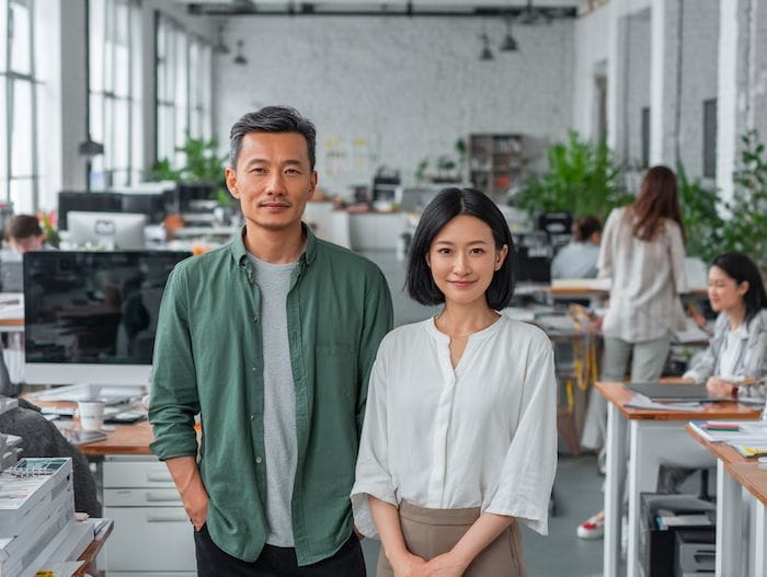 Two SME owners standing confidently in a modern office, with their team working in the background
