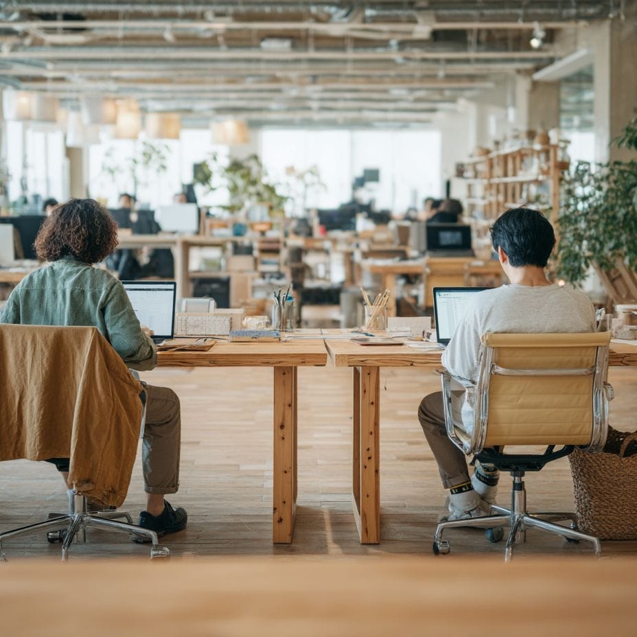 People working on laptops in a modern, open-plan office with wooden desks, plants, and natural lighting.