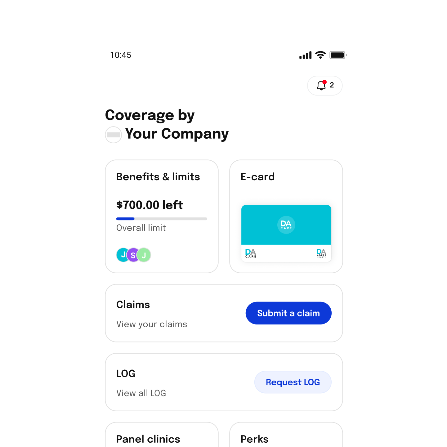 Mobile screen showing company health coverage details, including remaining benefits limit, digital e-card, options to submit claims, request LOG, and access panel clinics and perks.