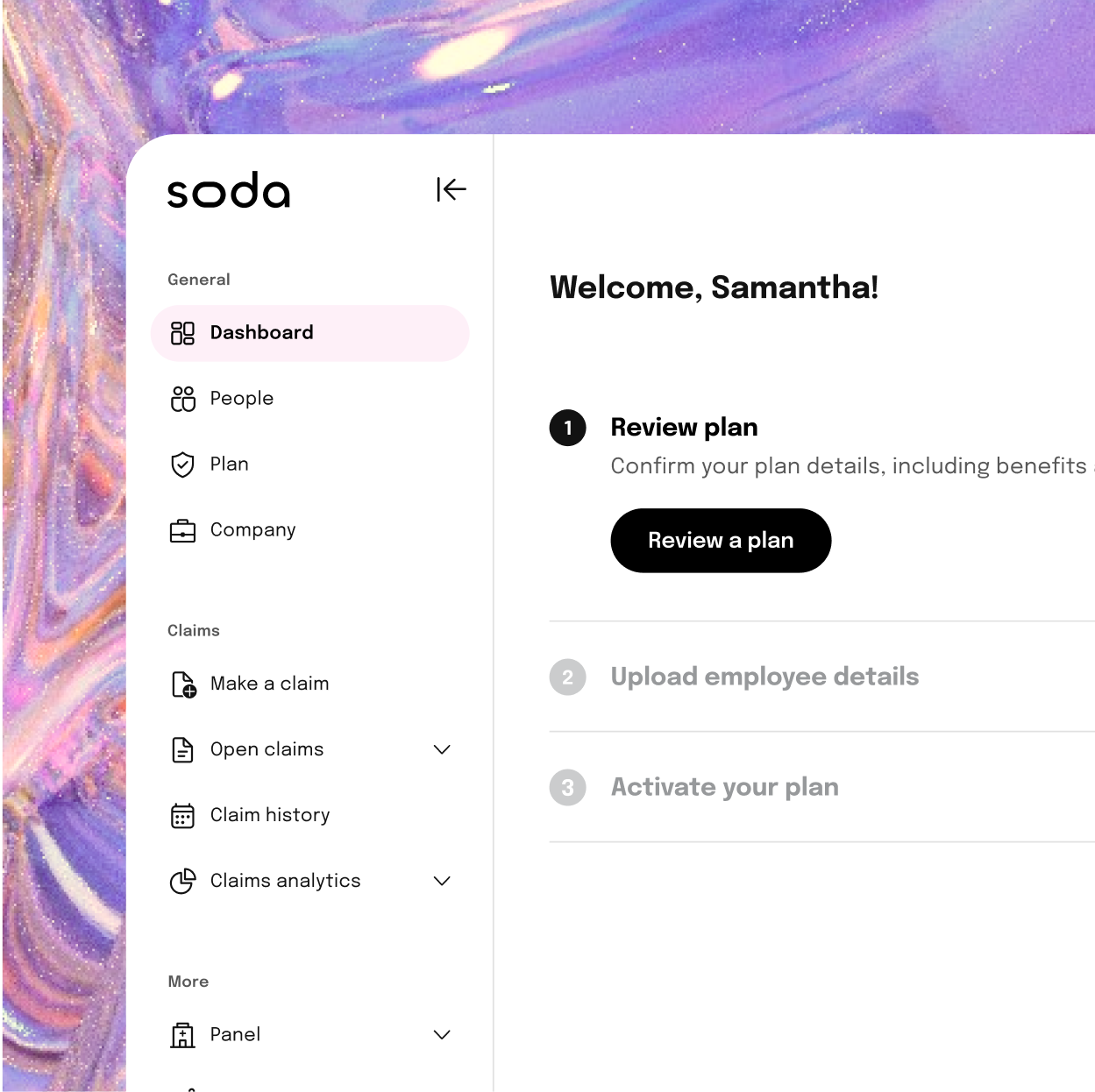 Soda HR dashboard showing plan setup steps, including review plan, upload employee details, and activate your plan, with highlights of clinic network and benefits management.