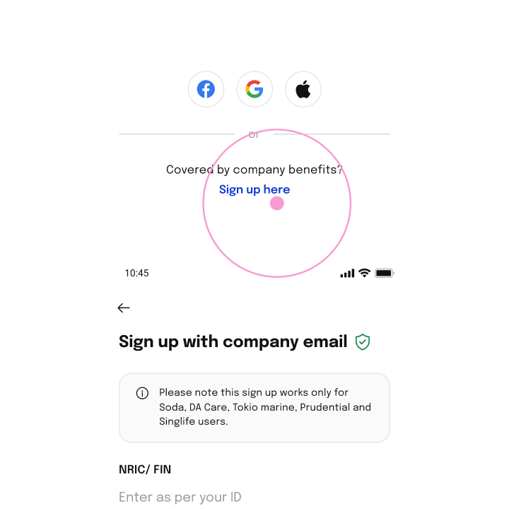 Mobile screen showing sign-up options with Google, Facebook, and Apple, and a link for employees covered by company benefits to sign up using their work email.