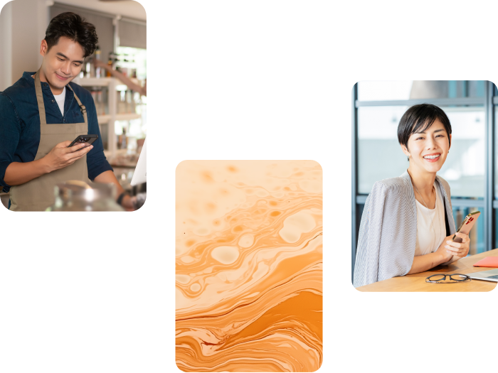 Soda Flex illustration showing a happy employee using a phone and a smiling HR manager with controlled costs, highlighting employee satisfaction and cost management.