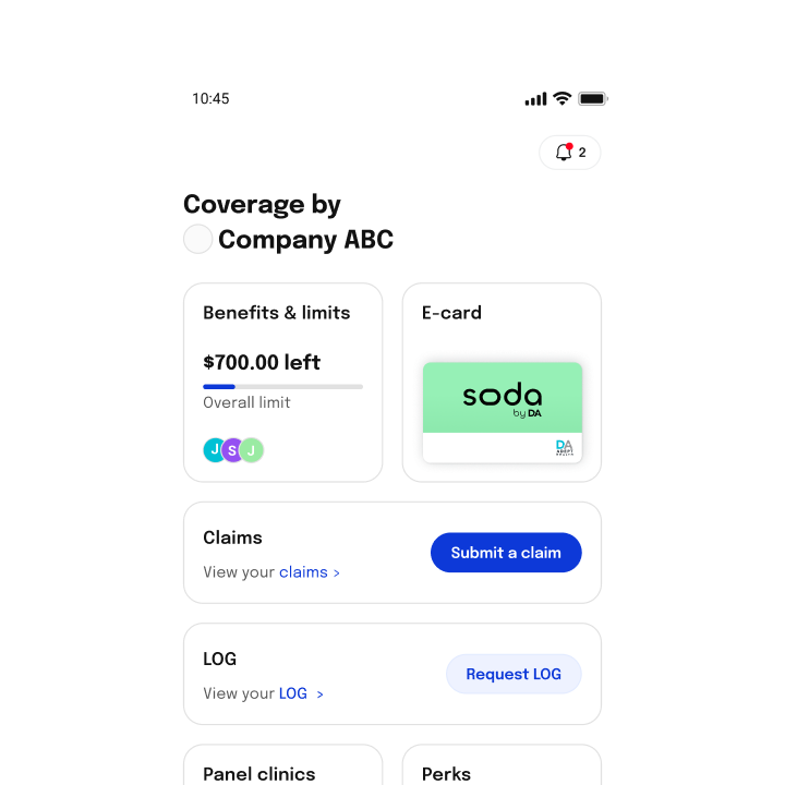 Mobile screen showing company health coverage details, including remaining benefits limit, digital e-card, options to submit claims, request LOG, and access panel clinics and perks.