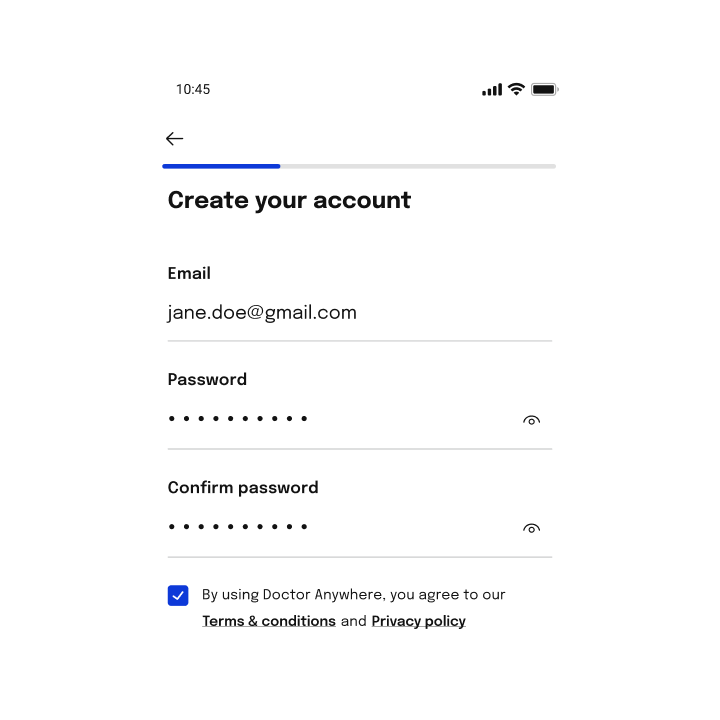 Mobile screen showing sign-up options with Google, Facebook, and Apple, and a link for employees covered by company benefits to sign up using their work email.