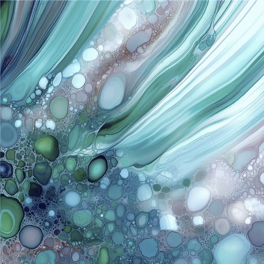 Abstract fluid art background with flowing teal, blue, and green streaks blending into soft bubbles and organic textures. 