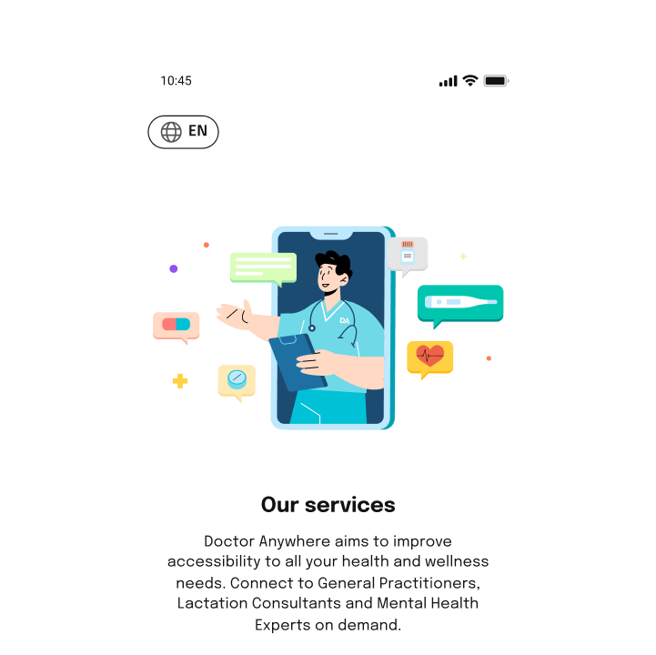 Mobile screen showing a virtual consultation with a doctor, surrounded by health-related icons and text bubbles, promoting Doctor Anywhere’s healthcare services.